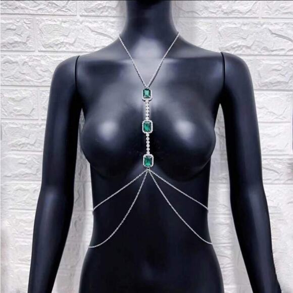 Emerald Silver Zircon Body Chain, Elegant, Classy, Minimalist, Punk - Picture 4 of 5